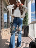 Viral Lainey Tummy Control Flare Jeans – High Waisted Distressed Denim