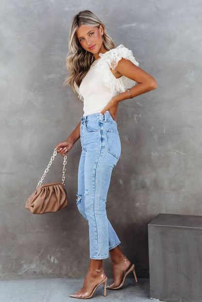 Slim Fit Mesh Sleeve Ribbed Top – Summer Solid Color Casual Blouse