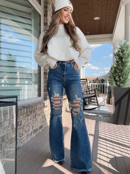 Viral Lainey Tummy Control Flare Jeans – High Waisted Distressed Denim in Dark Wash