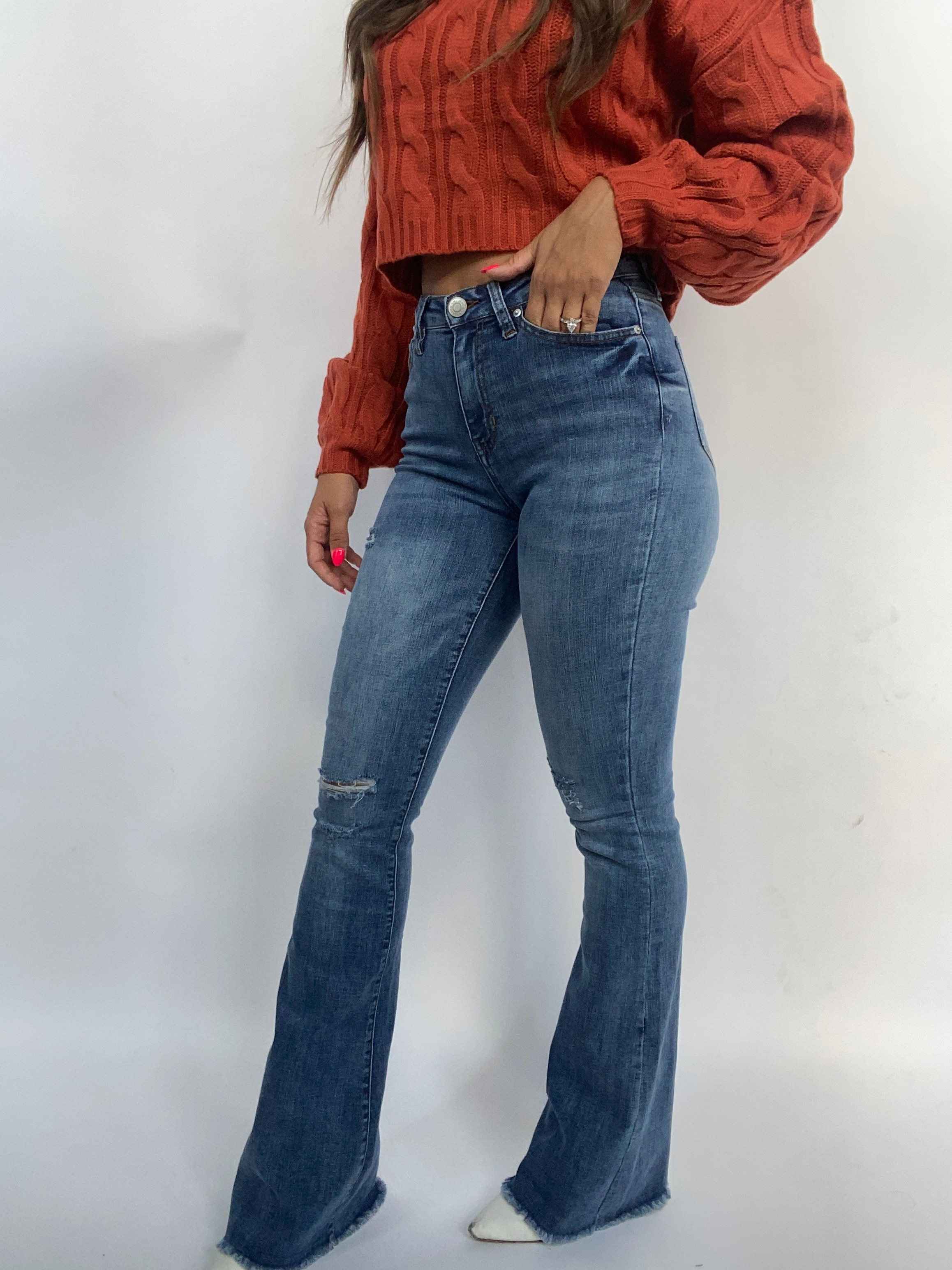 Sarah Distressed Flare Jeans – Medium Wash High Rise
