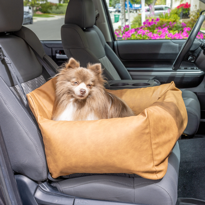 PupProtector™ Faux Leather Dog Car Bed – Memory Foam Booster Seat with Safety Straps, Waterproof Liner & Removable Cover - Camel