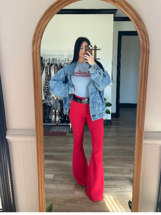 Fiona High Waisted Bell Bottom Flare Jeans – Red Stretch Denim