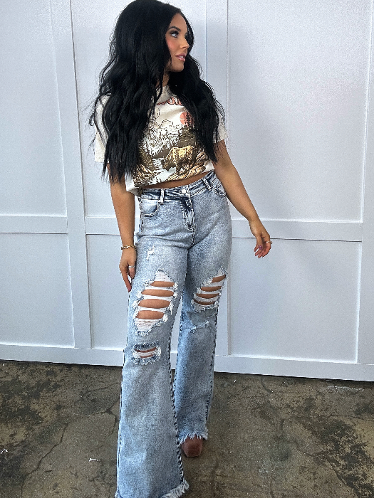 Viral Lainey Tummy Control Flare Jeans – High Waisted Distressed Denim in Acid Light Wash