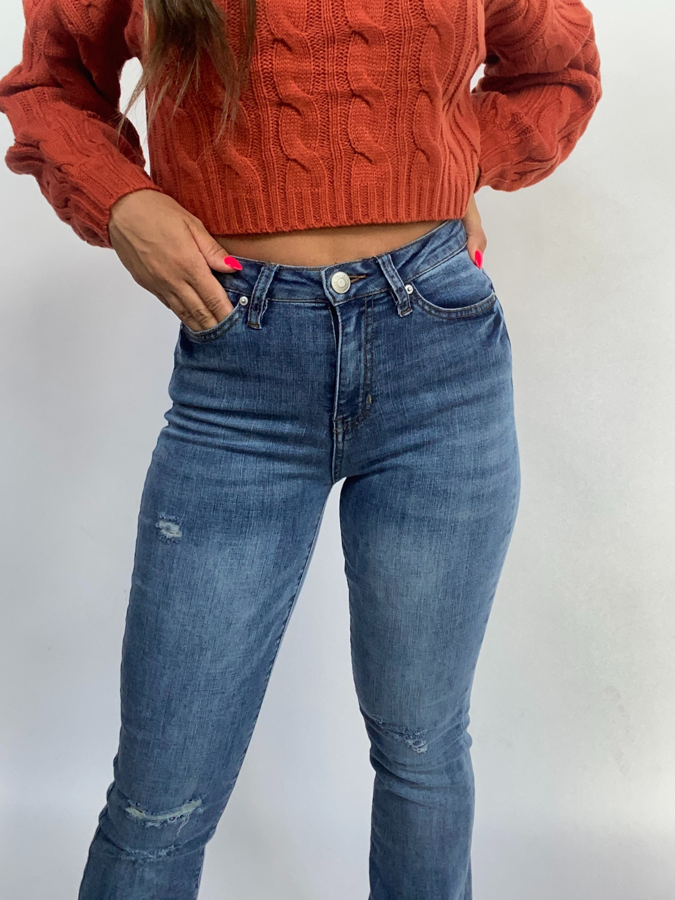 Sarah Distressed Flare Jeans – Medium Wash High Rise