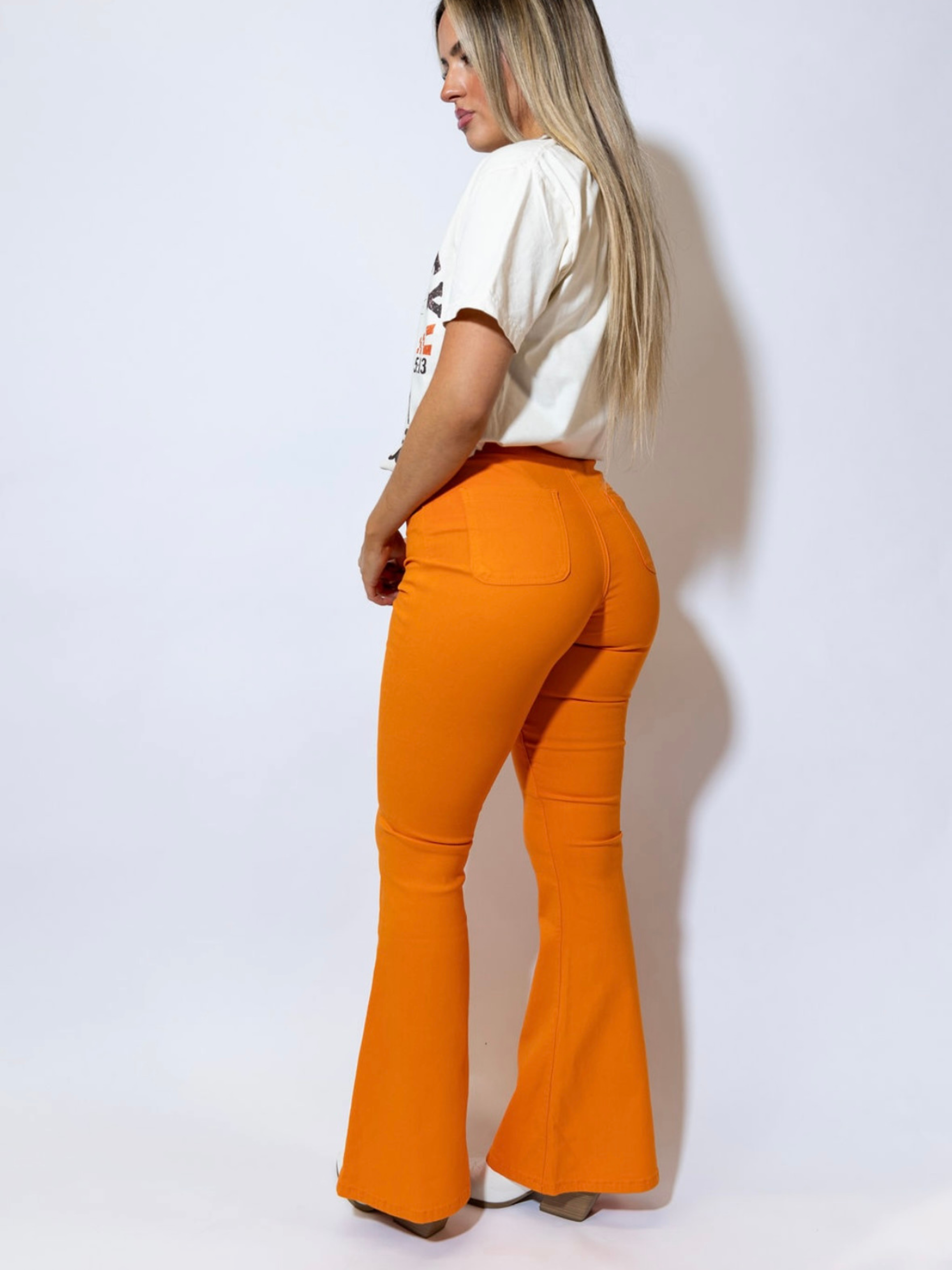 Fiona High Waisted Bell Bottom Flare Jeans – Orange Stretch Denim