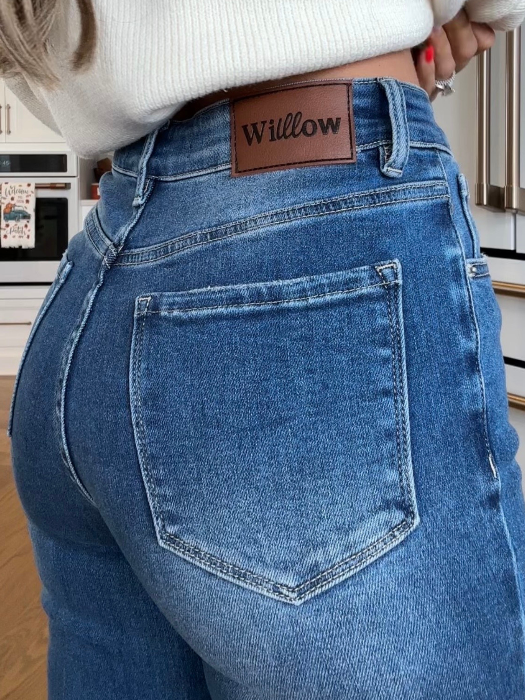 Viral Lainey Tummy Control Flare Jeans – High Waisted Distressed Denim in Dark Wash