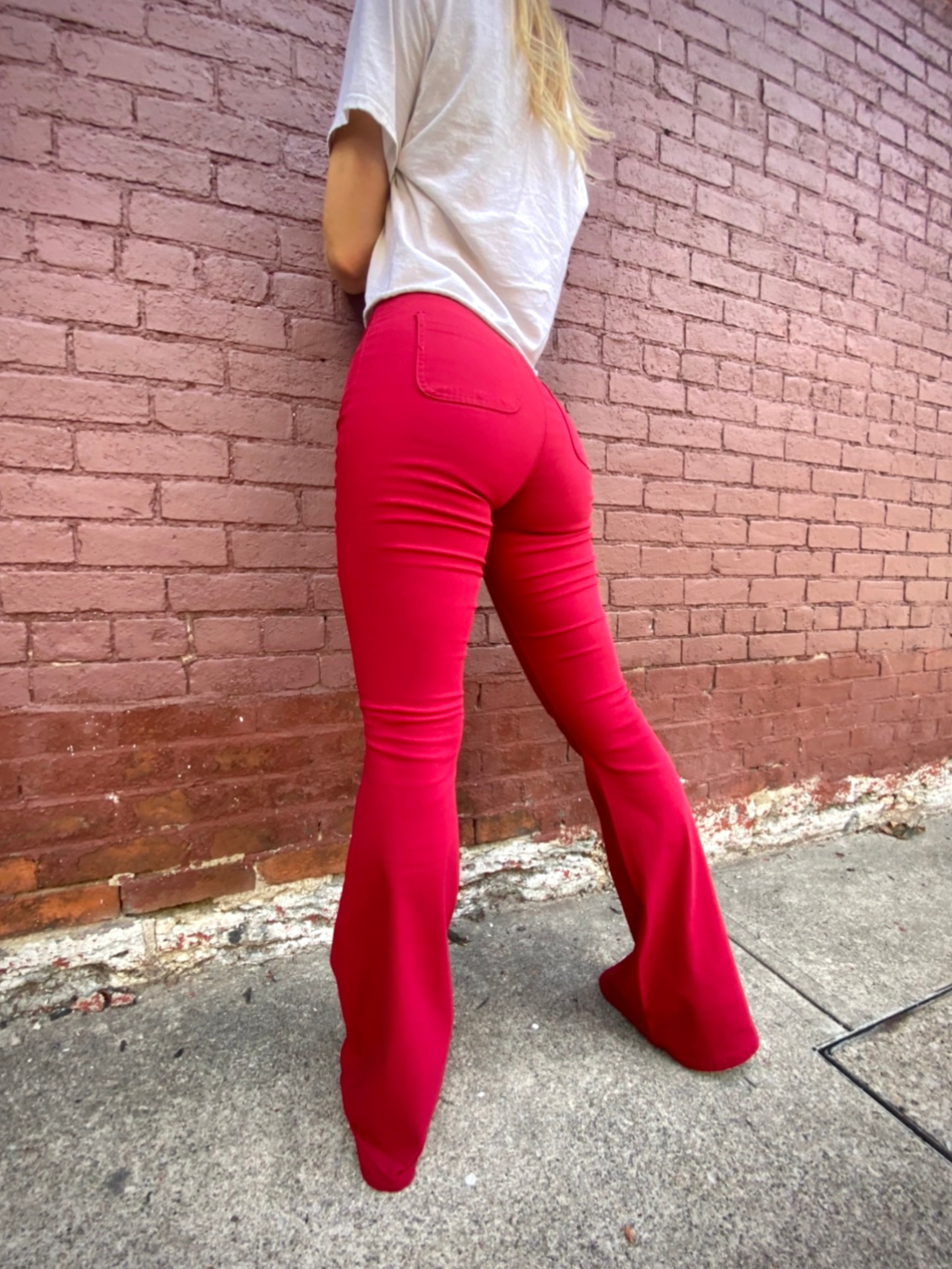 Fiona High Waisted Bell Bottom Flare Jeans – Red Stretch Denim
