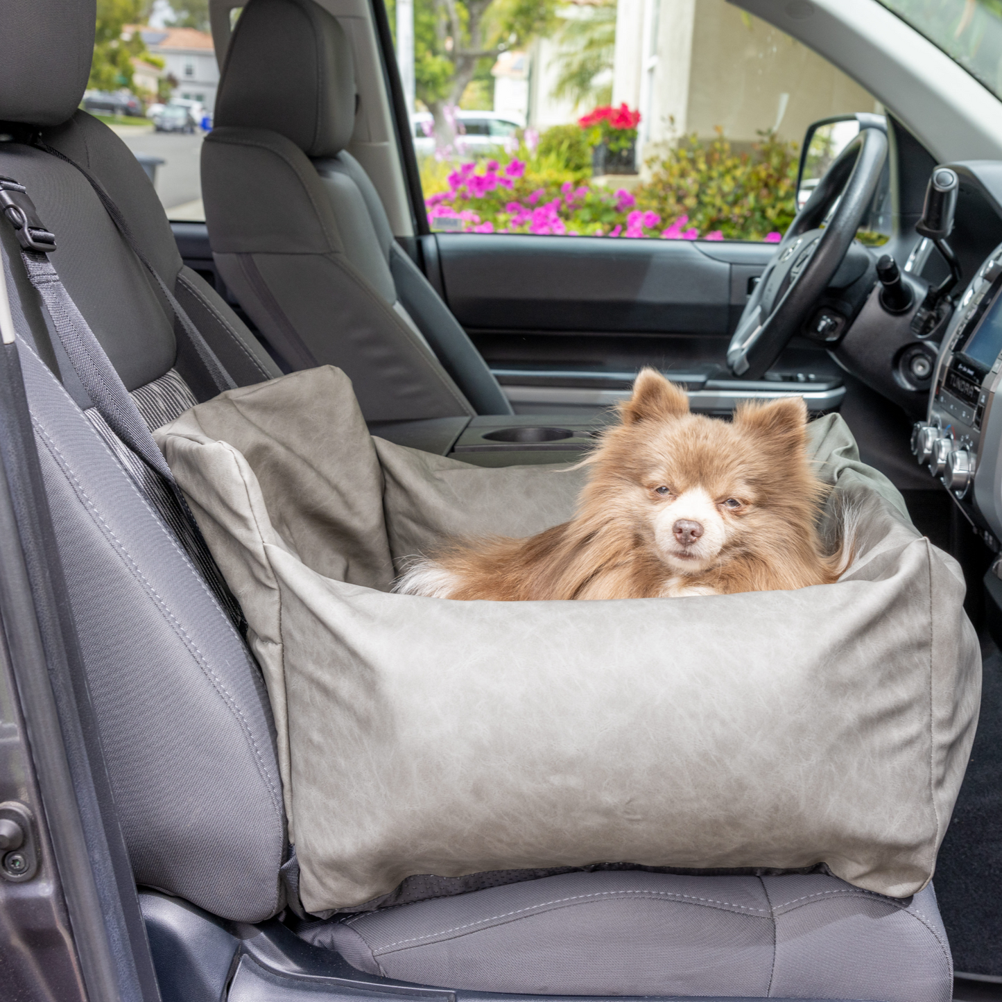 PupProtector™ Faux Leather Dog Car Bed – Memory Foam Booster Seat with Safety Straps, Waterproof Liner & Removable Cover