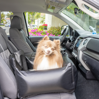 PupProtector™ Faux Leather Dog Car Bed – Memory Foam Booster Seat with Safety Straps, Waterproof Liner & Removable Cover -  Black