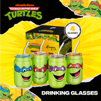 Set of four officially licensed Teenage Mutant Ninja Turtles 16-ounce glass drinking cups featuring Leonardo, Donatello, Michelangelo, and Raphael with reusable lids and straws.