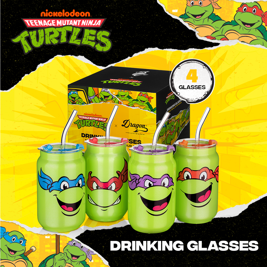 Set of four officially licensed Teenage Mutant Ninja Turtles 16-ounce glass drinking cups featuring Leonardo, Donatello, Michelangelo, and Raphael with reusable lids and straws.