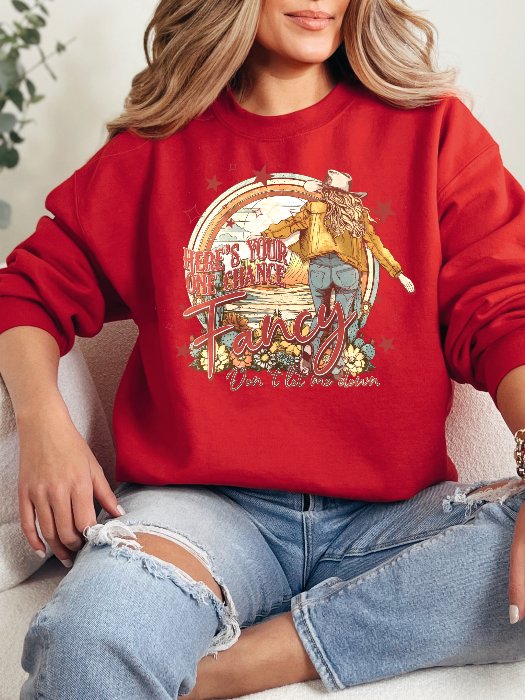 Women’s Fancy graphic tee featuring a Here’s Your One Chance Fancy country-inspired design on a relaxed-fit Comfort Colors® 100% cotton Crewneck in Red
