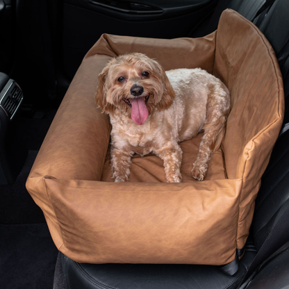 PupProtector™ Faux Leather Dog Car Bed – Memory Foam Booster Seat with Safety Straps, Waterproof Liner & Removable Cover - Camel