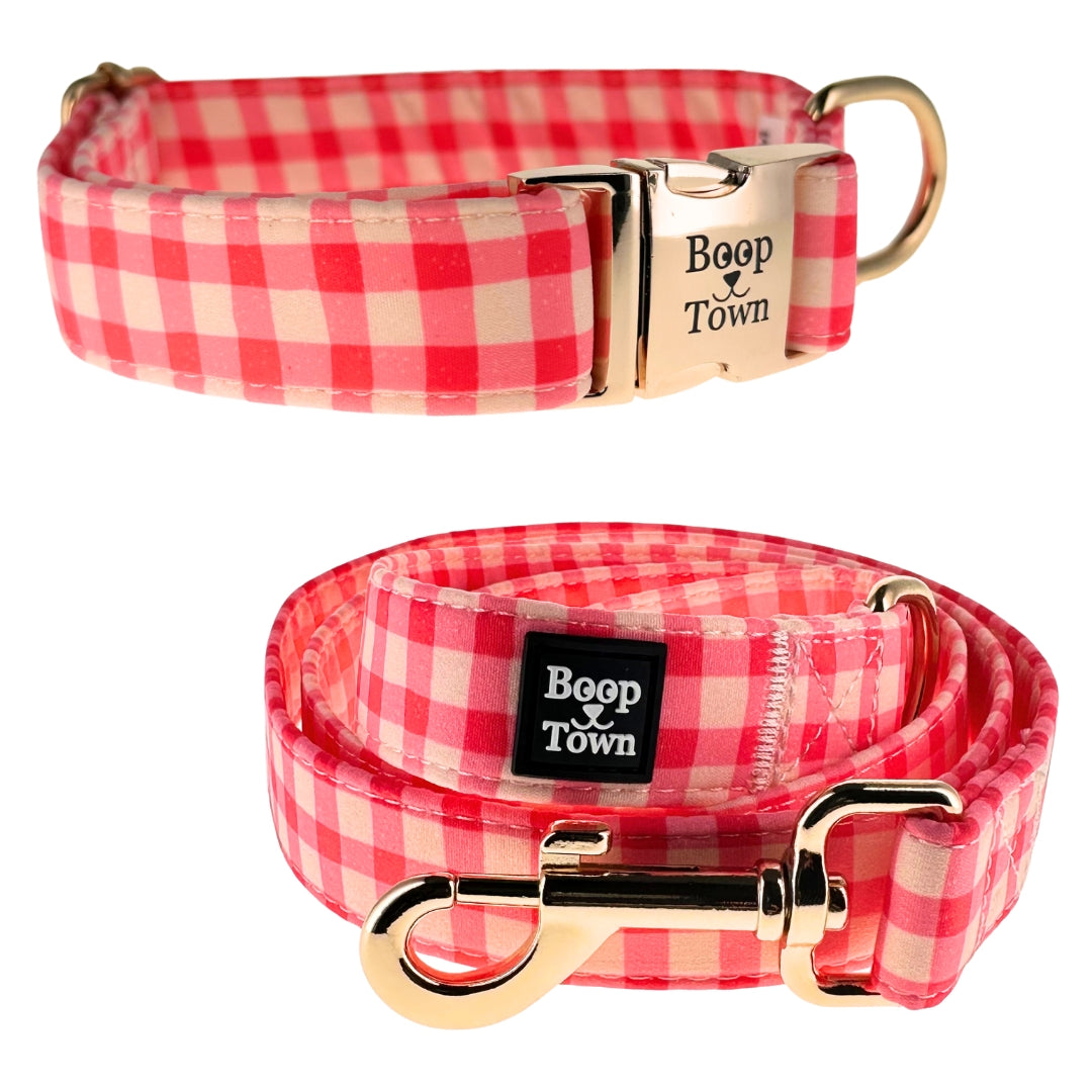 Pink Checker Dog Collar & Leash Set – Adjustable Cotton Set with Gold Hardware