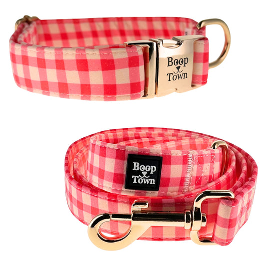 Pink Checker Dog Collar & Leash Set – Adjustable Cotton Set with Gold Hardware