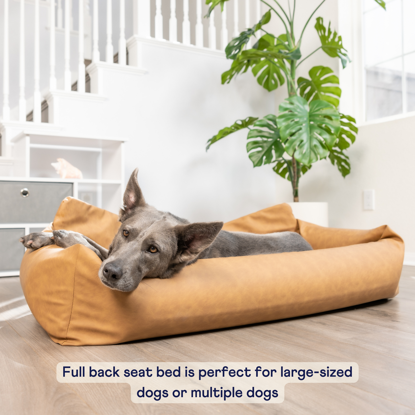 PupProtector™ Faux Leather Dog Car Bed – Memory Foam Booster Seat with Safety Straps, Waterproof Liner & Removable Cover - Camel