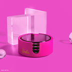 Set of four pink Barbie™ x Dragon Glassware® faceted crystal glass coasters displayed in a matching pink holder with Barbie™ logo and gift box.