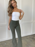 Fiona High Waisted Bell Bottom Flare Jeans – Olive Stretch Denim