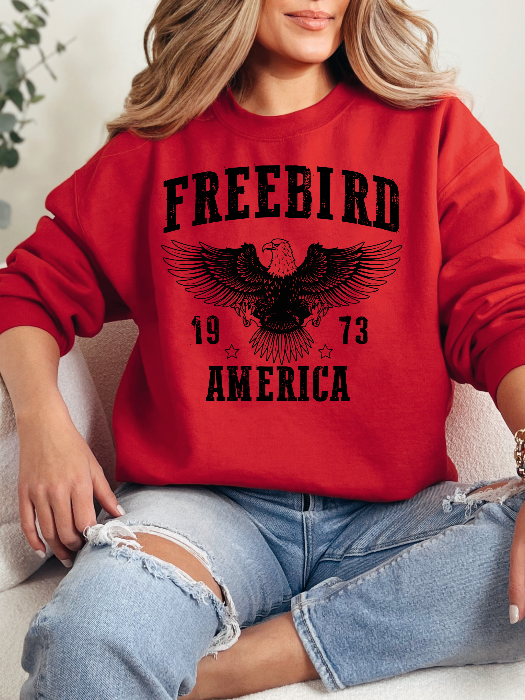 Women’s Freebird 1973 graphic tee featuring a bold Freebird America design, bald eagle graphic, black detailing, and vintage-inspired artwork on a Comfort Colors® cotton Crewneck in Red.