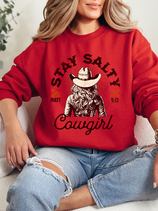 Stay Salty Christian Graphic Crewneck| Western Cowgirl Faith Shirt in Red