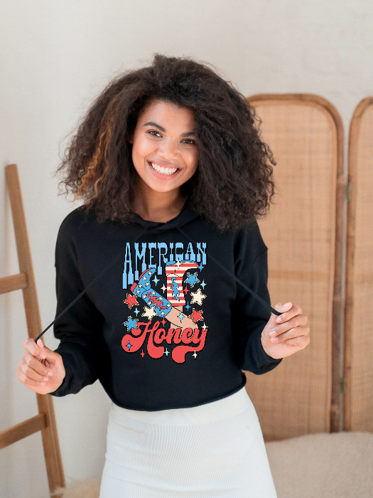 American Honey Graphic Tee printed on premium Comfort Colors 100% cotton featuring an exclusive Willow Boutique western-inspired design, perfect for country concerts, Nashville trips, rodeos, and everyday country style. Crop Hoodie in Black