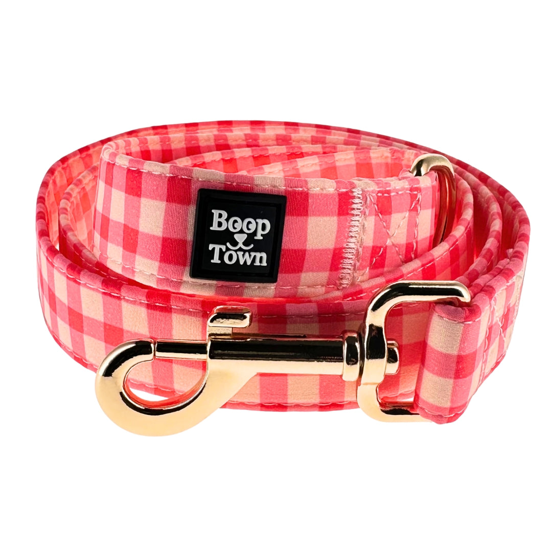 Pink Checker Dog Leash – 5ft Cotton-Wrapped Leash with Gold Clip