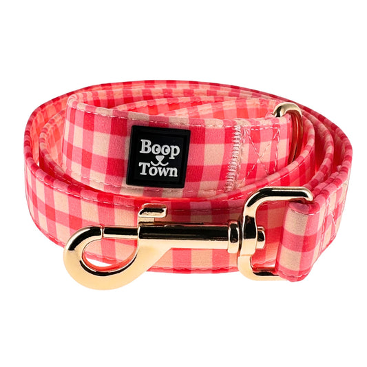 Pink Checker Dog Leash – 5ft Cotton-Wrapped Leash with Gold Clip