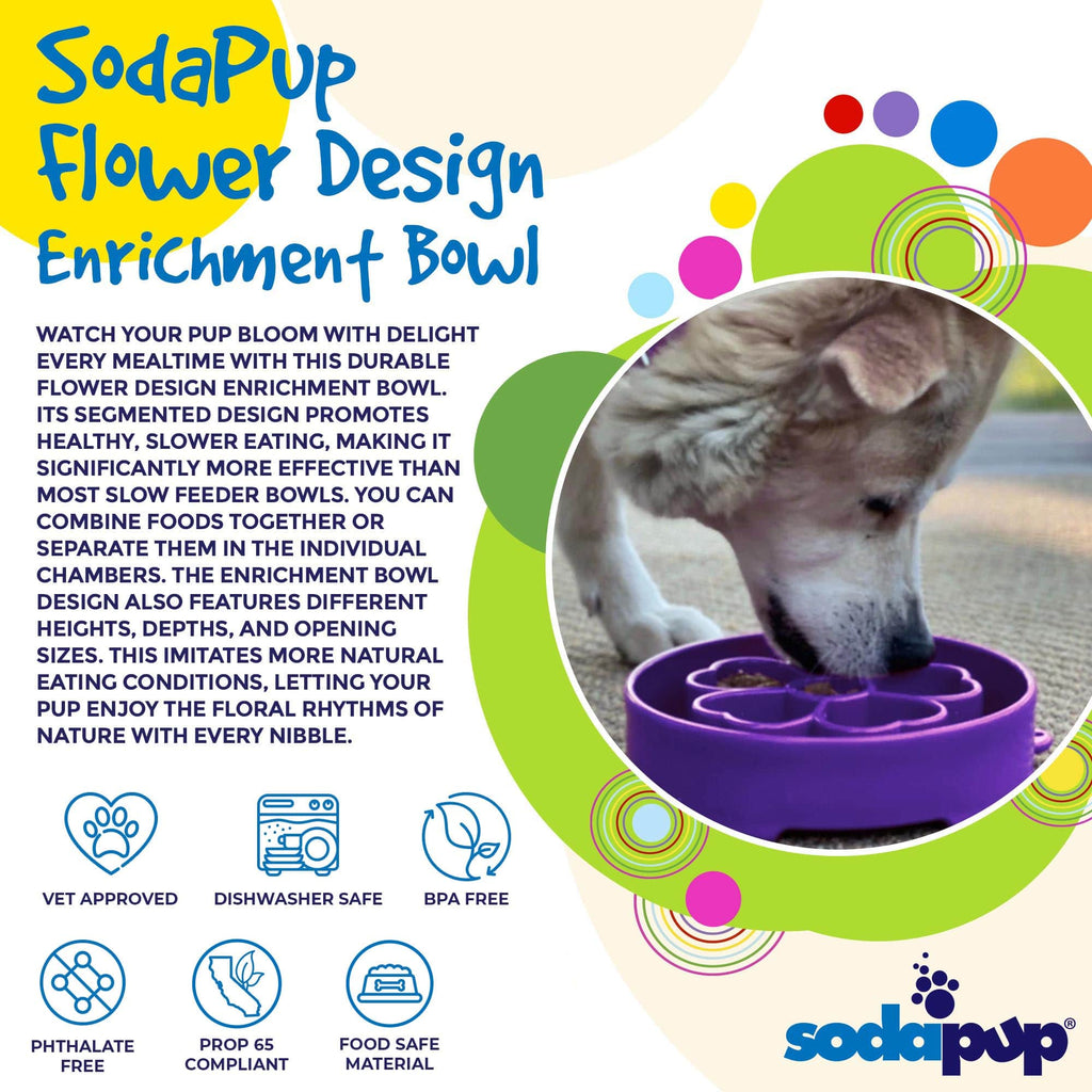 SodaPup Flower eBowl deep slow feeder dog bowl with flower-shaped enrichment ridges, available in pink or purple for medium and large dogs.