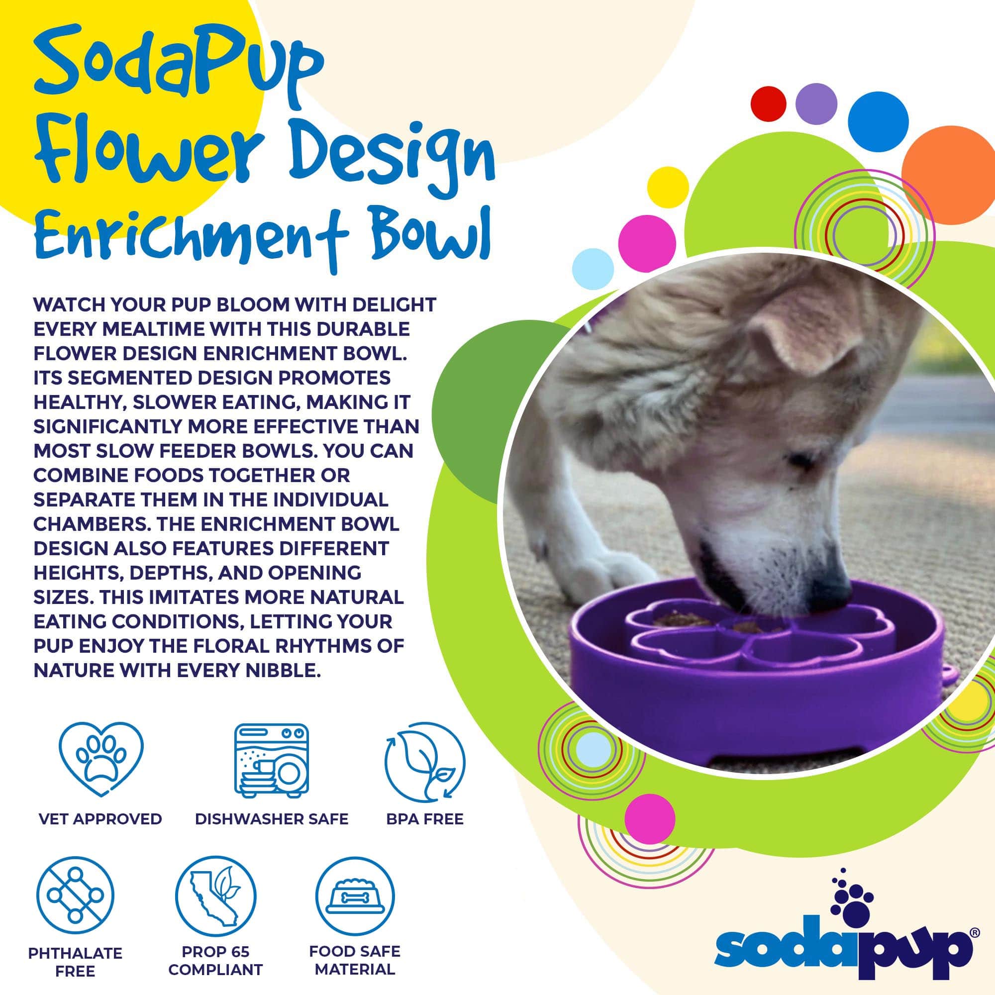 SodaPup Flower eBowl deep slow feeder dog bowl with flower-shaped enrichment ridges, available in pink or purple for medium and large dogs.