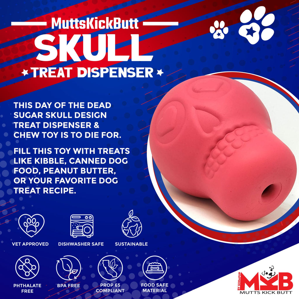 Pink SodaPup Sugar Skull dog chew toy and treat dispenser made in the USA from FDA-compliant natural rubber for dogs approximately 30 to 65 pounds.