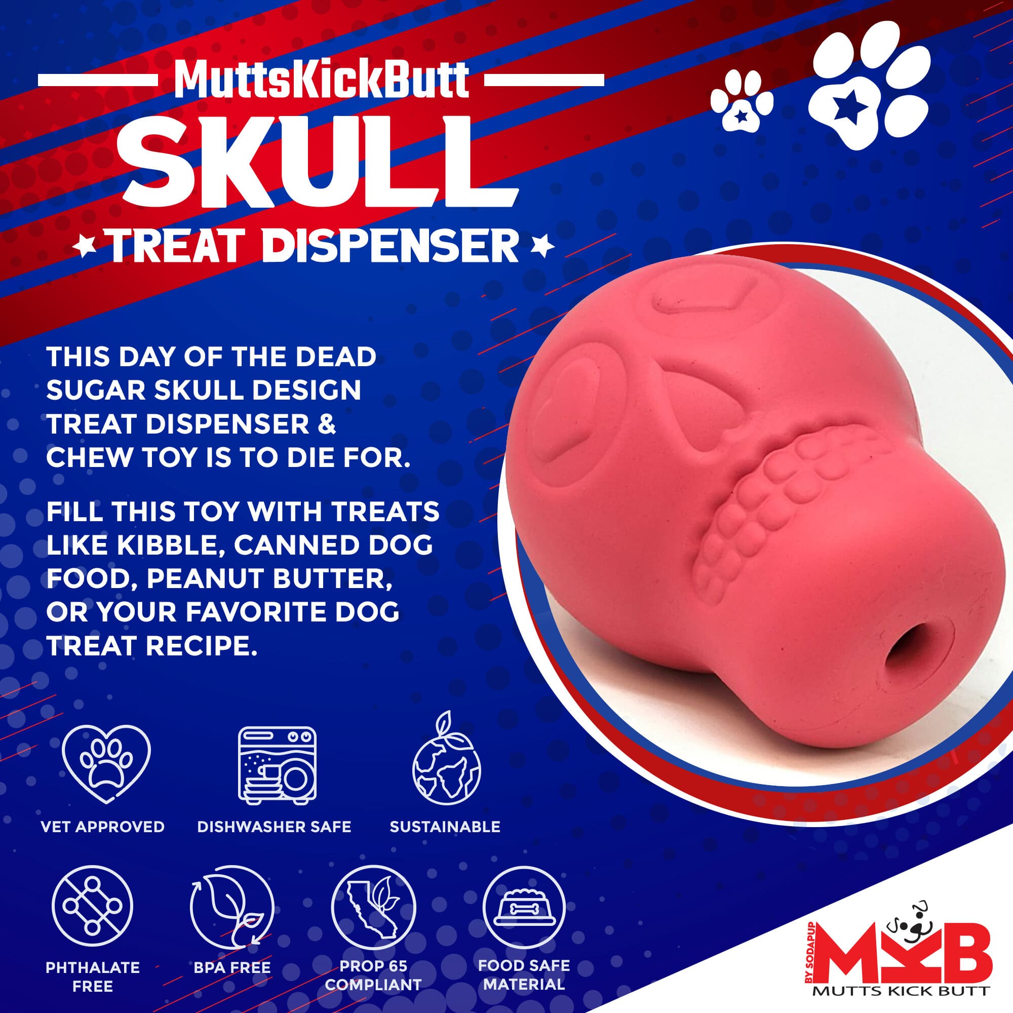 Pink SodaPup Sugar Skull dog chew toy and treat dispenser made in the USA from FDA-compliant natural rubber for dogs approximately 30 to 65 pounds.