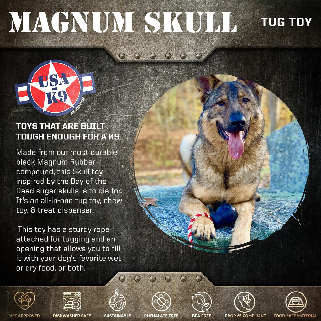 USA-K9 Magnum Skull by SodaPup black rubber dog chew toy and treat dispenser made in the USA for extreme chewers and dogs approximately 30 to 65 pounds.