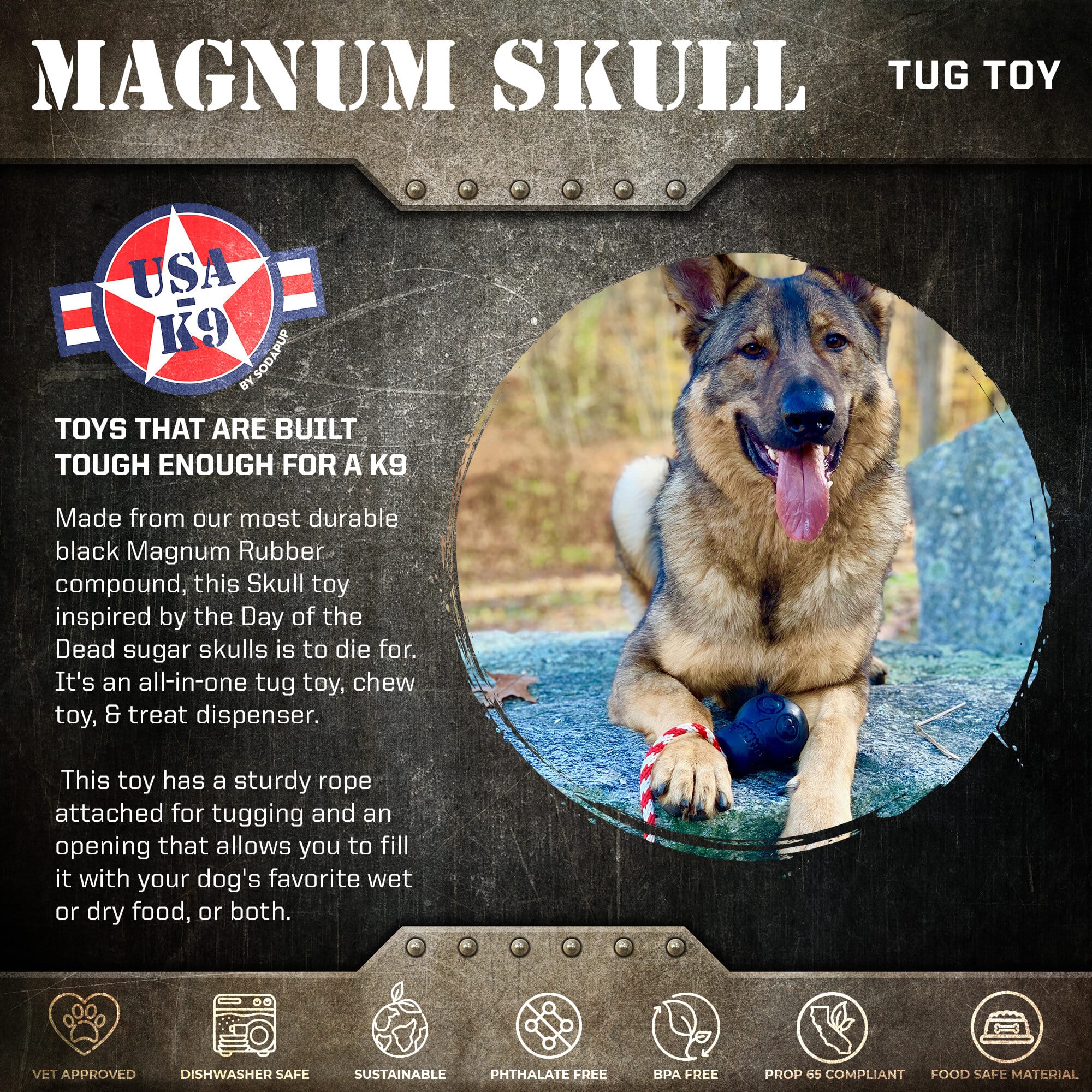 USA-K9 Magnum Skull by SodaPup black rubber dog chew toy and treat dispenser made in the USA for extreme chewers and dogs approximately 30 to 65 pounds.