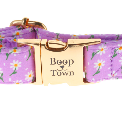 Purple Daisy Dog Collar – Soft Adjustable Cotton Collar with Metal Hardware