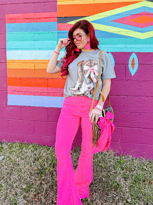 Fiona High Waisted Bell Bottom Flare Jeans – Pink Stretch Denim