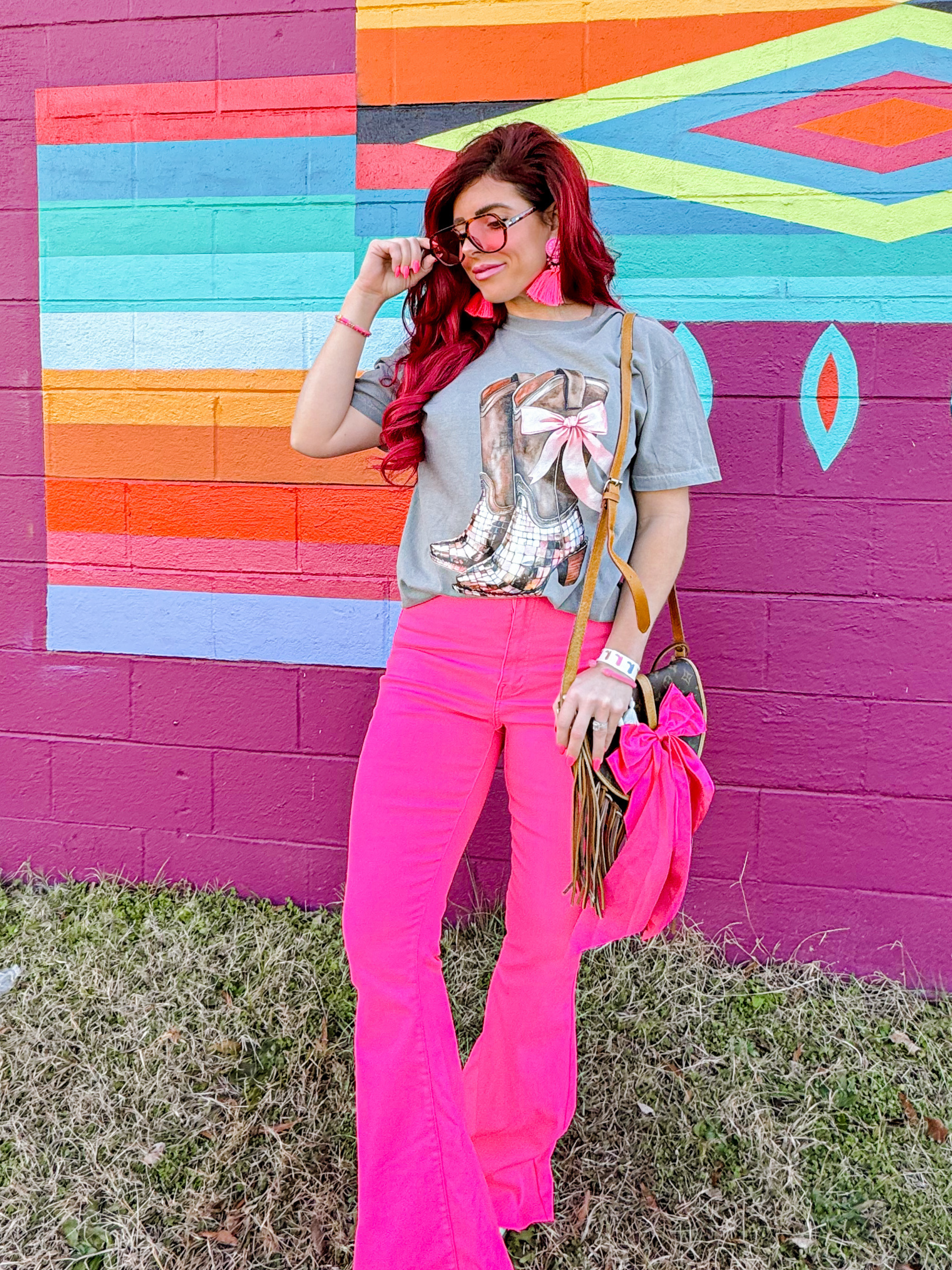 Fiona High Waisted Bell Bottom Flare Jeans – Pink Stretch Denim