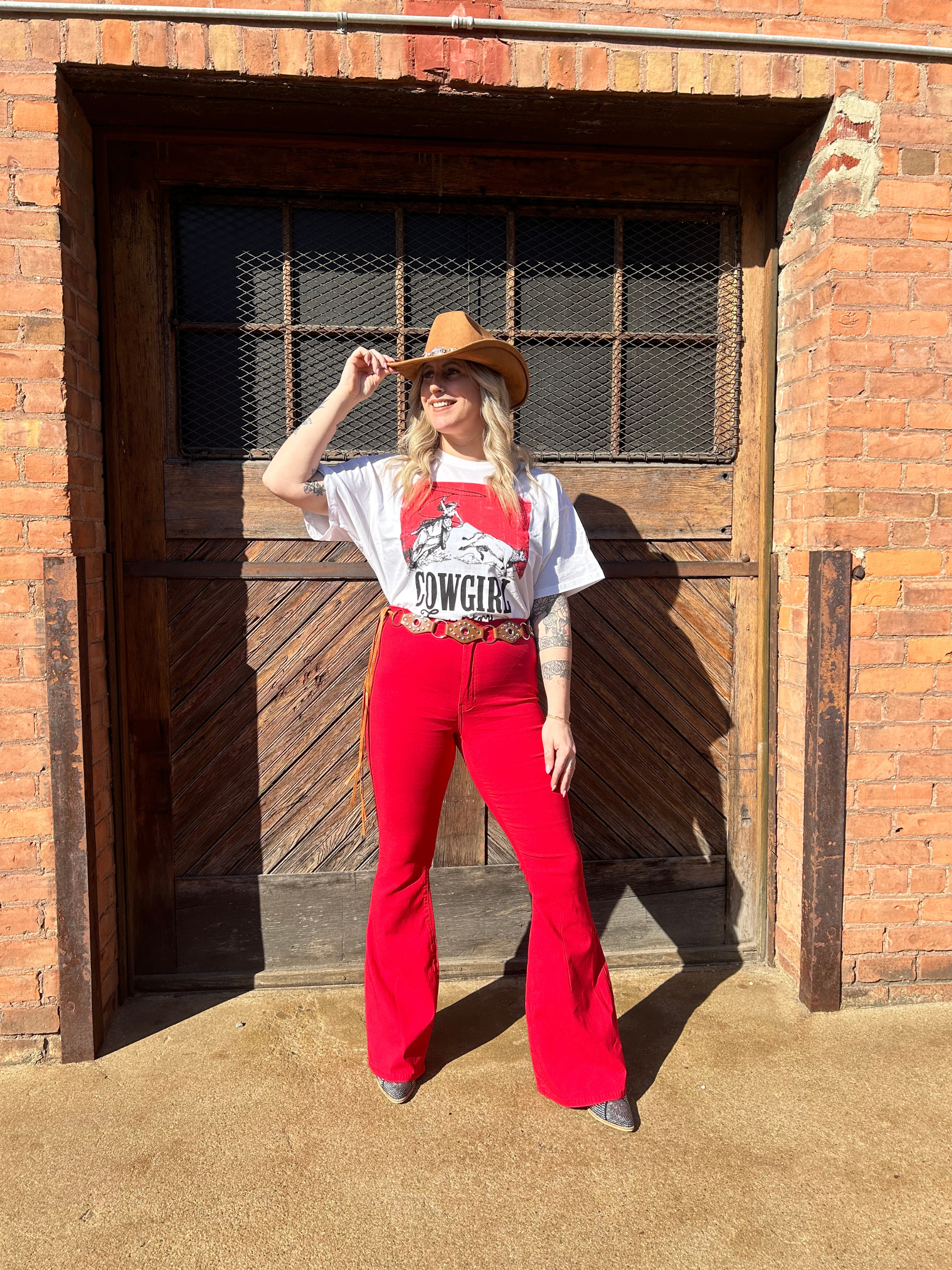 Fiona High Waisted Bell Bottom Flare Jeans – Red Stretch Denim