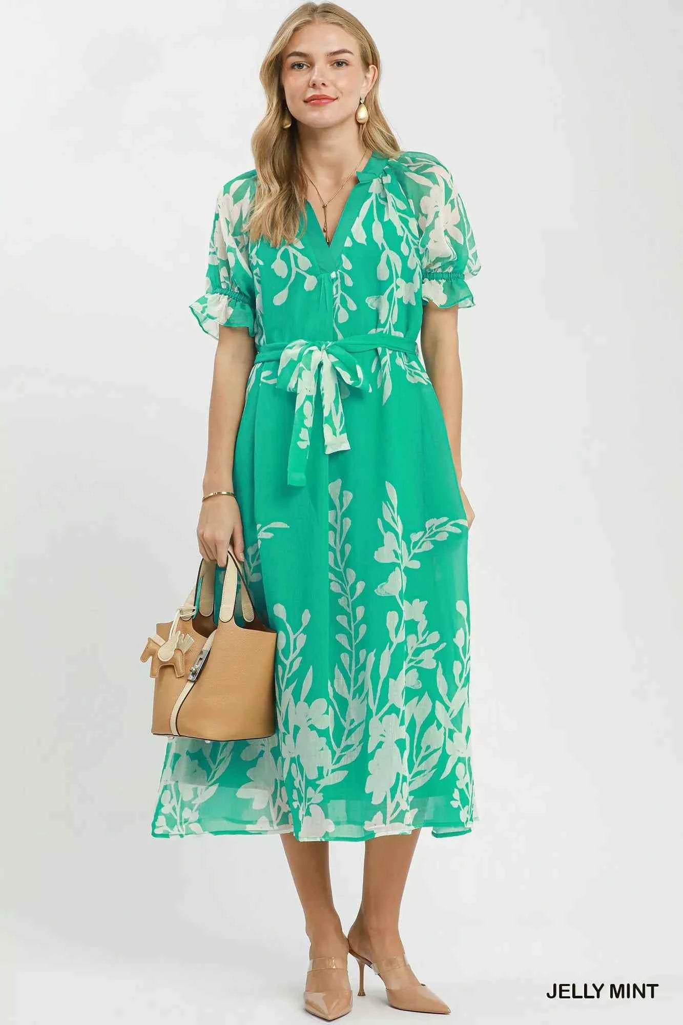 Umgee Floral Print Tie Waist Midi Dress with Side Pockets