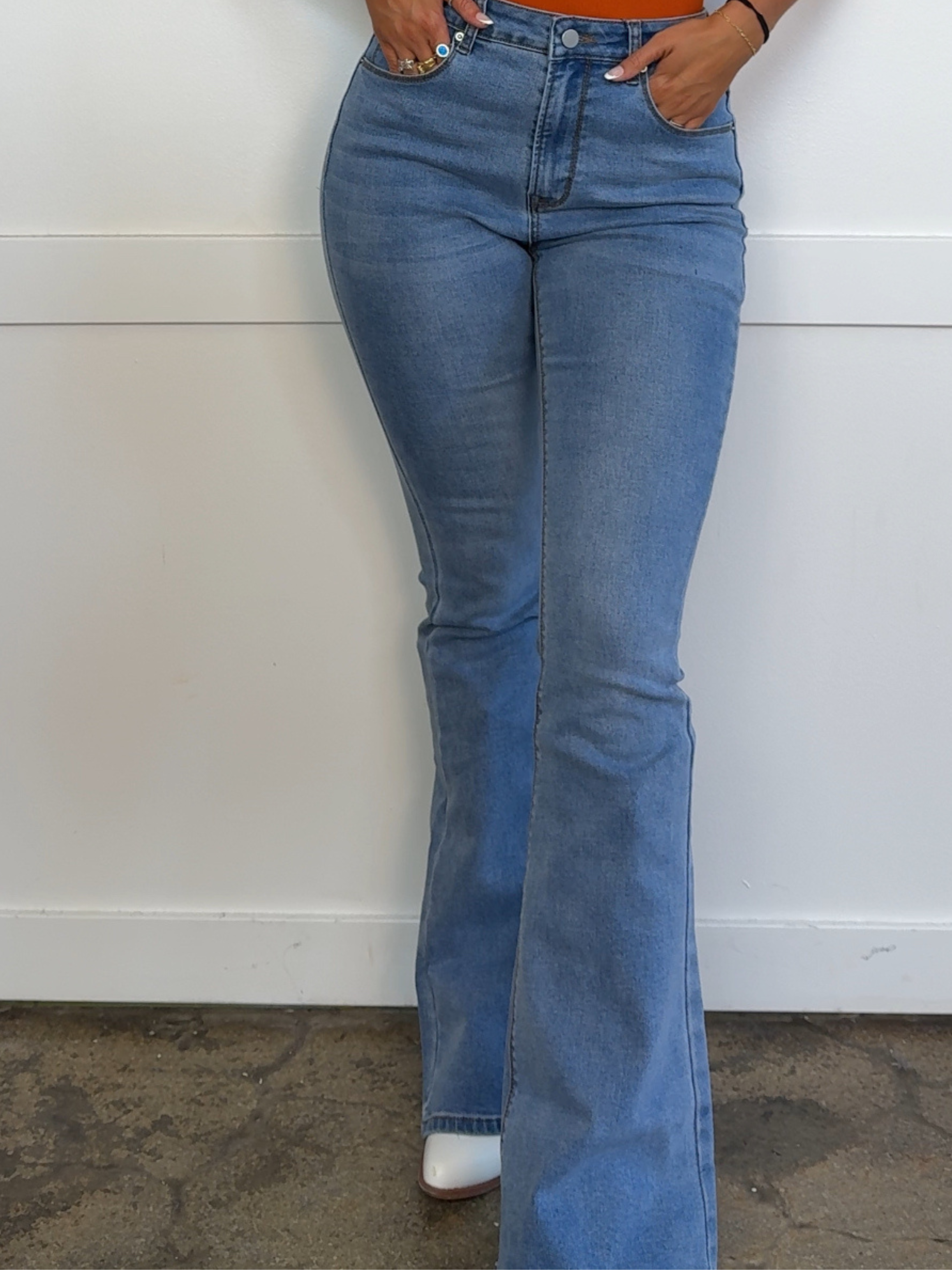 Danny Medium Wash Flare Jeans – High Rise Stretch Denim