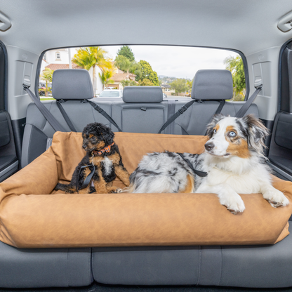 PupProtector™ Faux Leather Dog Car Bed – Memory Foam Booster Seat with Safety Straps, Waterproof Liner & Removable Cover - Camel