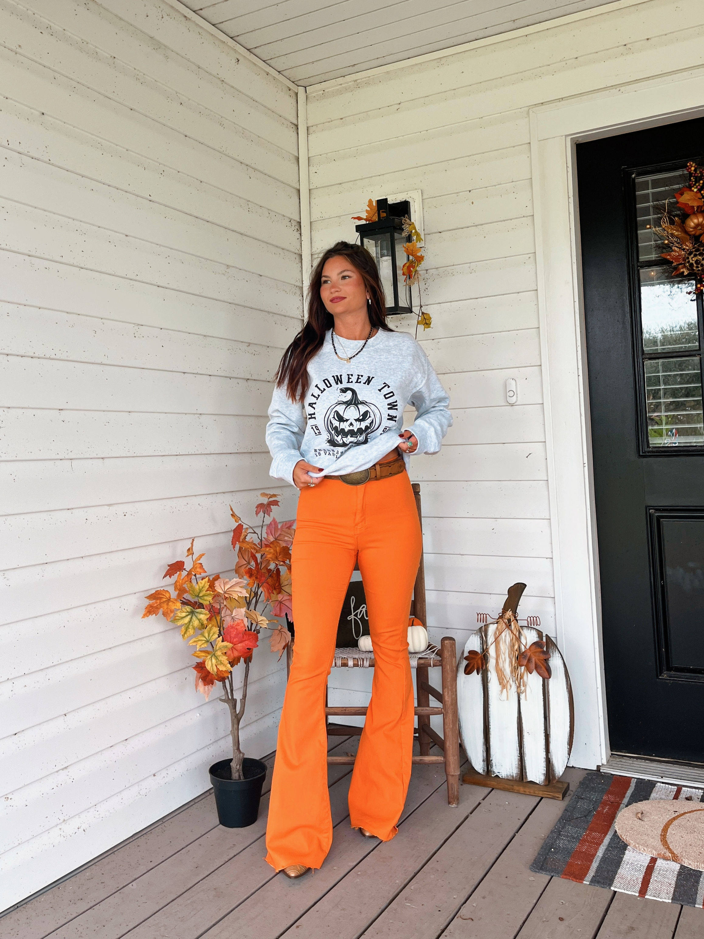Fiona High Waisted Bell Bottom Flare Jeans – Orange Stretch Denim