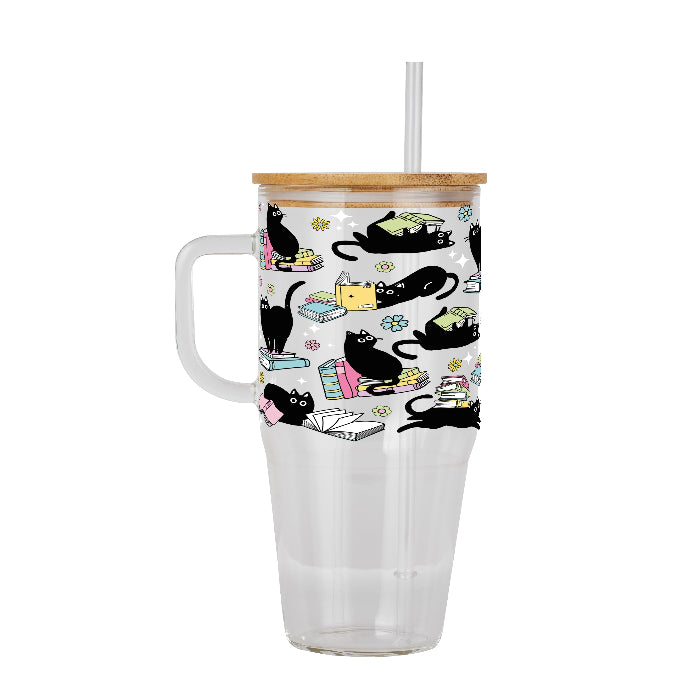 Black Cats on Books drinkware design featuring whimsical black cats lounging on colorful stacks of books with pastel flowers and bookish details.