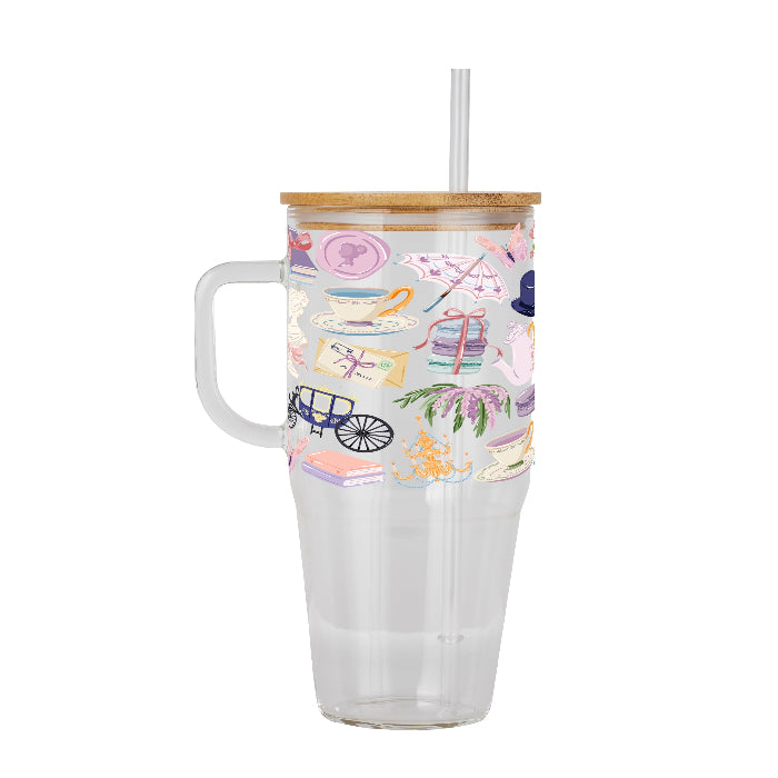 Pastel Regency-inspired bookish design featuring teacups, books, florals, ribbons, a vintage dress, parasol, pocket watch, mirror, and other romantic Victorian-style details in pink, lavender, blue, mint, and cream.