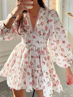 Sarina Lace Detail V-Neck Balloon Sleeve Dress featuring delicate lace accents, elegant balloon sleeves, a flattering V-neckline, and a flowy silhouette, perfect for weddings, bridal showers, church, and special occasions. Color Blush Pink