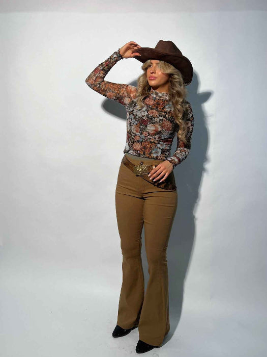 Fiona High Waisted Bell Bottom Flare Jeans – Mocha Stretch Denim