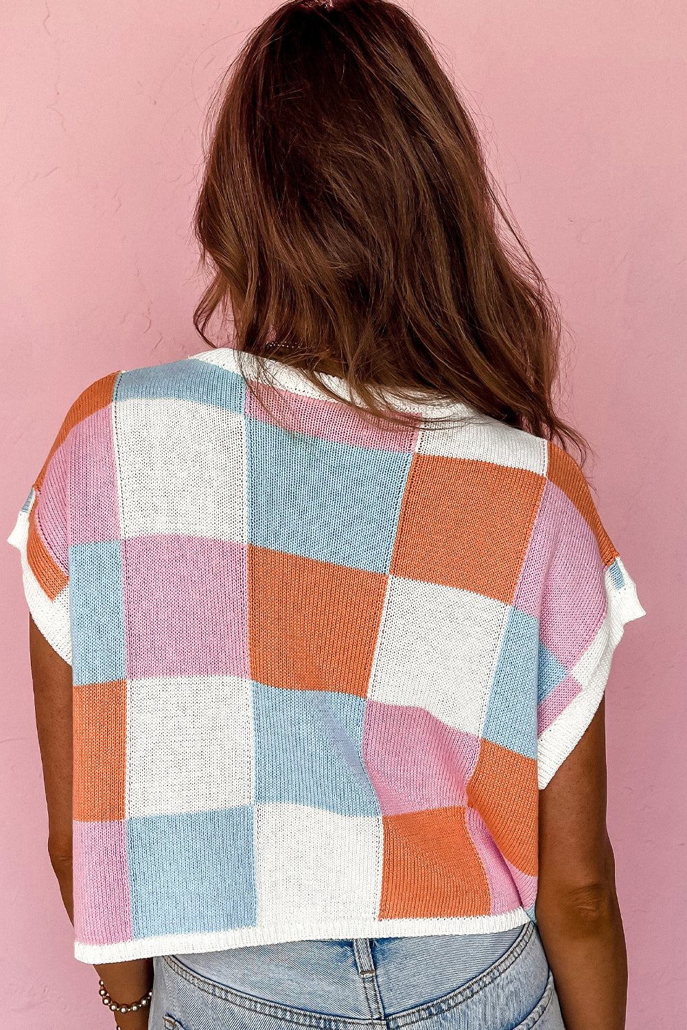 Lightweight Checkered Knit Top – Boxy Fit with Cap Sleeves