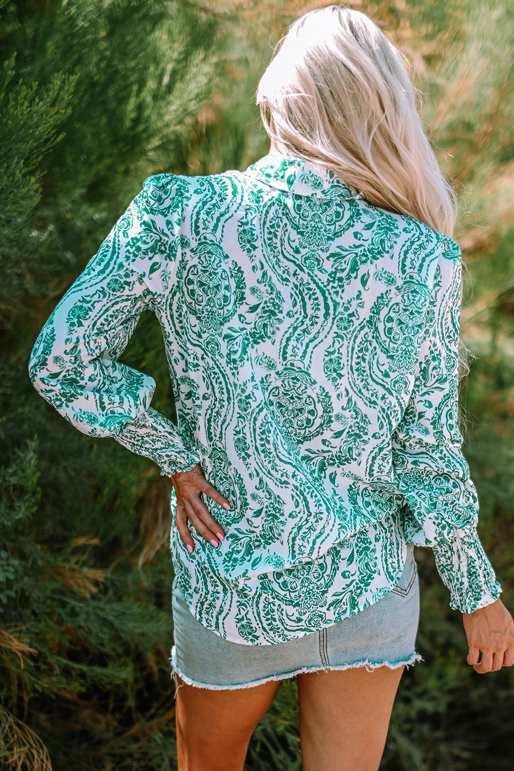 Paisley Print Button Front Shirt – Smocked Cuff Long Sleeve Blouse