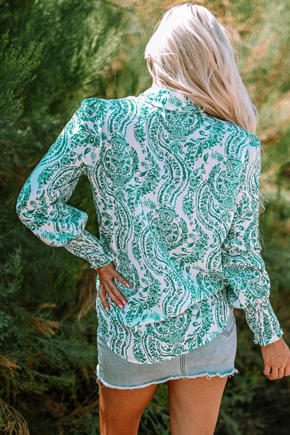 Paisley Print Button Front Shirt – Smocked Cuff Long Sleeve Blouse