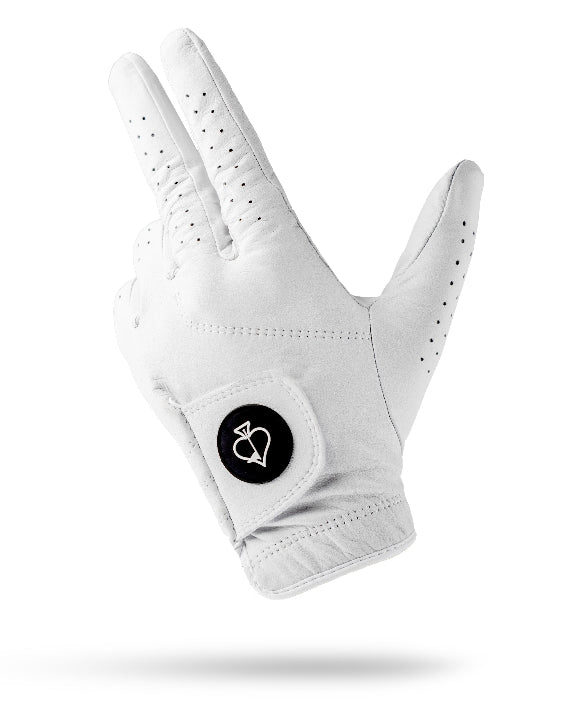 Pins & Aces Premium Tour Ghost White unisex golf glove made from 100% premium AAA Cabretta leather with moisture-wicking wrist lining and men’s standard sizing.