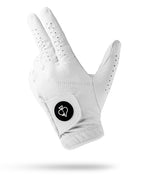 Pins & Aces Premium Tour Ghost White unisex golf glove made from 100% premium AAA Cabretta leather with moisture-wicking wrist lining and men’s standard sizing.